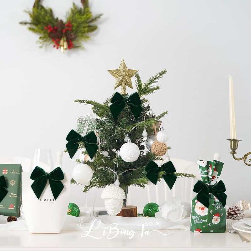 LiBongTa 3.5" Hunter Green Bows Velvet Ribbon Bow with Self Adhesive, Small Gift Bows Decor, Dark Green Christmas Bows for Treat Bag, Candy Pop, Basket, Party Favor, Craft Bow For Gift Wrapping-24 PCs - Image 4